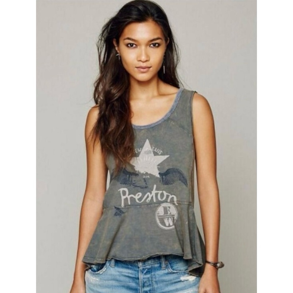 WE THE FREE PEP TALK NEW ORLEANS PRESTON ACID WASH PEPLUM TANK TOP